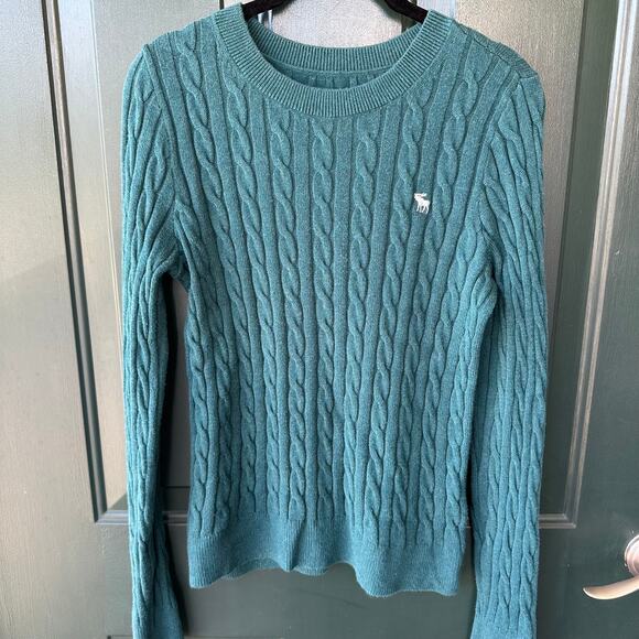 Y2K Abercrombie & Fitch Cable Knit Sweater M Teal Moose Logo Preppy Pullover - Picture 2 of 8